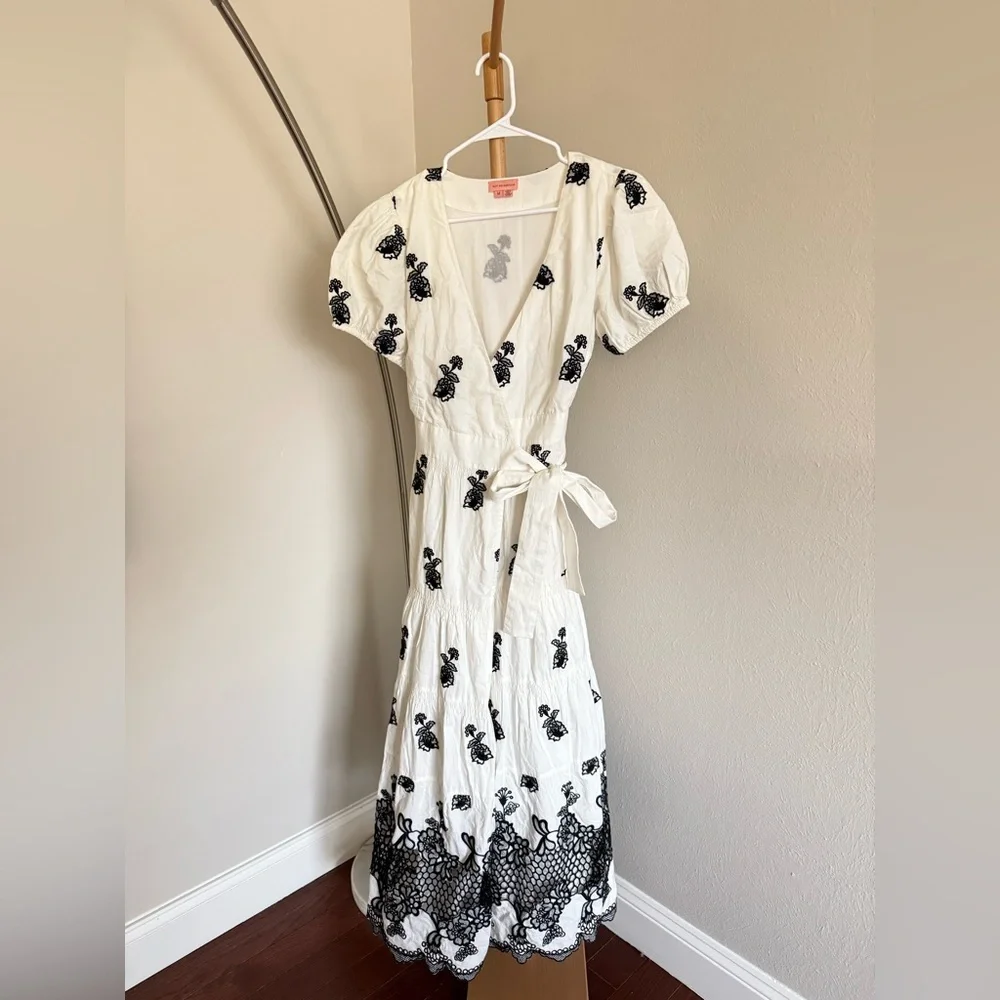 Anthropologie Not So Serious Contrast Embroidered Wrap Maxi Dress White & Black - Picture 3 of 7